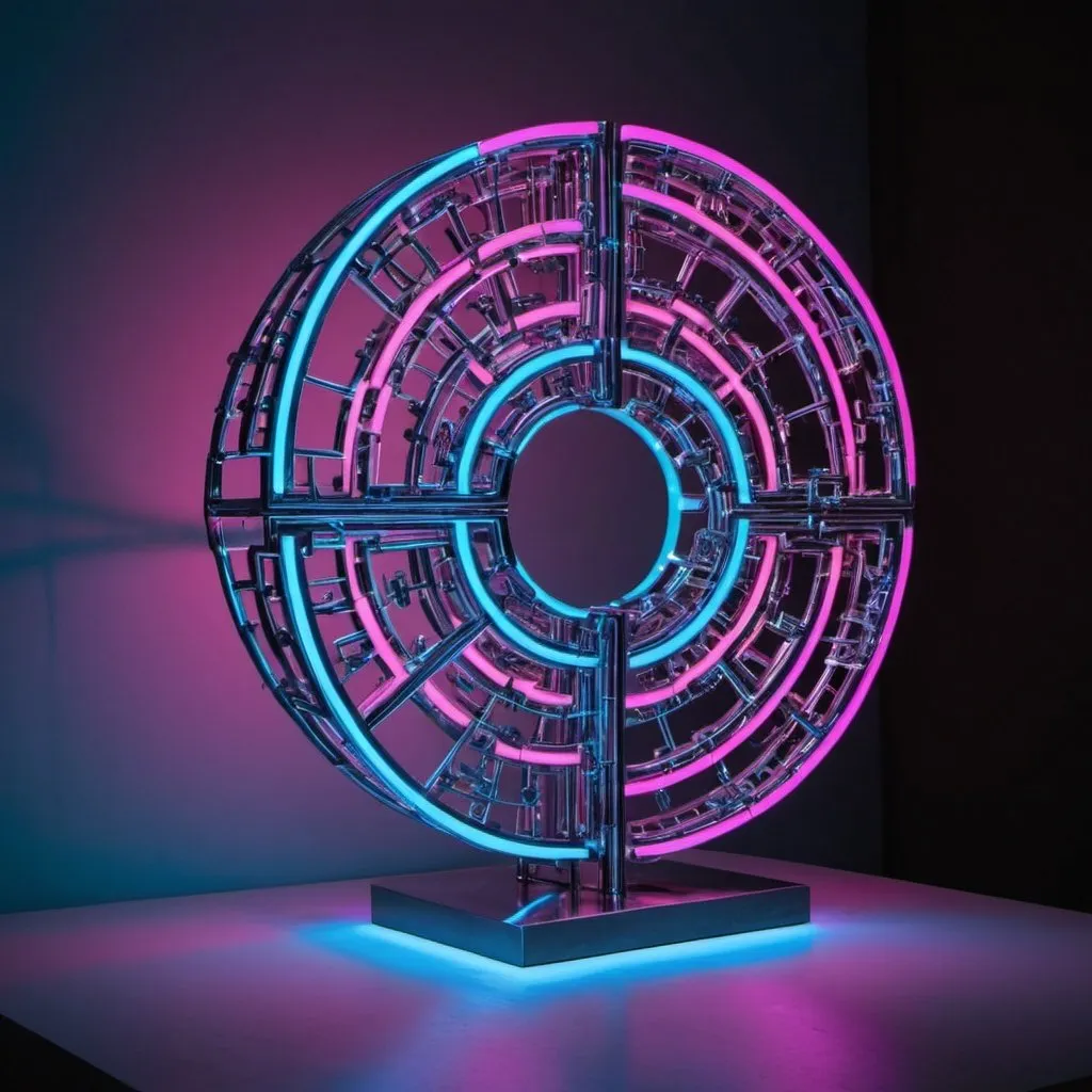 Prompt: Una escultura cibernética de metal cromado con diseños de circuitos integrados que levita en un fondo oscuro con luces de neón azules y rosas