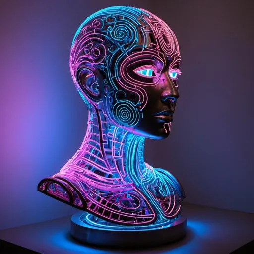 Prompt: Una escultura cibernética de metal cromado con diseños de circuitos integrados que levita en un fondo oscuro con luces de neón azules y rosas