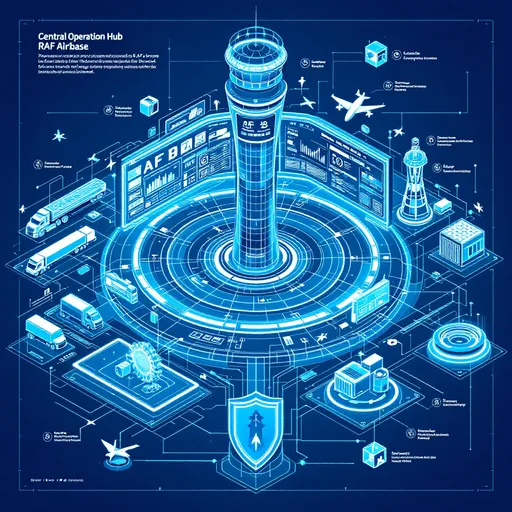 Prompt: **Title**: Interconnected RAF Airbase - A Blueprint for Efficiency and Security

#### **Sections:**

1. **Central Operations Hub**
   - Real-time coordination of air traffic, flight schedules, and emergency response.
   - Visual: An icon showing a control tower with radar signals.

2. **Logistics**
   - Automated supply chain and predictive maintenance systems.
   - Visual: Icons of transport fleets and digital analytics.

3. **Security**
   - Layers of physical and cyber protections with biometric access control.
   - Visual: Shield icons representing cybersecurity and CCTV cameras.

4. **Communication Networks**
   - Unified platform integrating radio, satellite, and digital systems.
   - Visual: Interlinked lines or waves connecting different nodes.

5. **Technology Teams**
   - Innovation labs, IT support, and integration experts ensuring smooth workflows.
   - Visual: Lightbulb or gear icons indicating innovation.

6. **Core Principles**
   - Interconnectivity, efficiency, and security as the driving focus.
   - Visual: A central hub linking all sections with arrows or flowlines.

