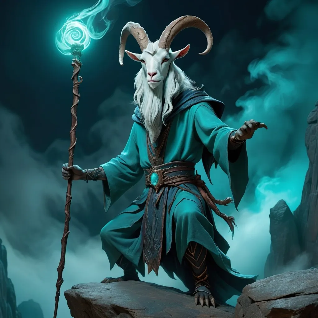 Prompt: Evil goat wizard with magical staff, standing near a cliff