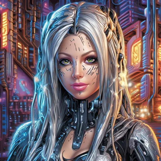 Prompt: Futuristic sci-fi illustration of <mymodel>, metallic sheen, neon-lit cyber city, intricate circuit patterns, glowing blue power core, detailed robotic features, high-tech gadgets, highres, ultra-detailed, sci-fi, futuristic, neon-lit, metallic sheen, intricate, glowing, robotic features, cyber city, circuit patterns, advanced android, professional, atmospheric lighting