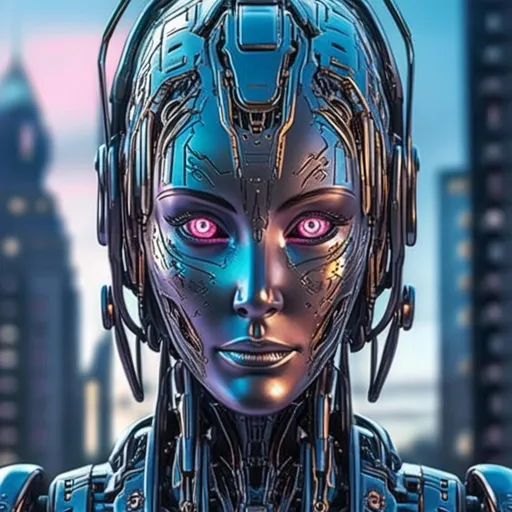 Prompt: <mymodel>Futuristic sci-fi illustration of a humanoid robot, metallic sheen with reflections, glowing neon accents, advanced futuristic cityscape, intricate mechanical details, high-tech exoskeleton, intense and focused gaze, 4k, ultra-detailed, sci-fi, futuristic, metallic sheen, glowing neon, advanced cityscape, mechanical details, high-tech, intense gaze, professional, atmospheric lighting