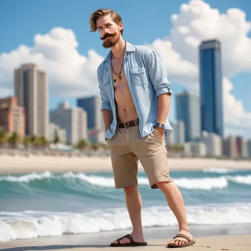 Prompt: 1boy, beach, beard, blue sky, building, city, cityscape, cloud, day, facial hair, full body, male focus, mustache, ocean, outdoors, photo background, sandals, shirt, sky, solo, watch, water, wristwatch