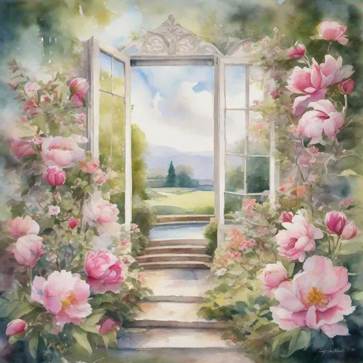 Prompt: Create a captivating watercolor masterpiece that transports viewers to a stunning British garden in full bloom. The focal point is a large white window, serving as the frame of the painting, through which one gazes upon a lush landscape adorned with pink peonies, cream magnolias, fuchsia camellias, and other enchanting British flowers. Capture the essence of springtime bliss and natural beauty, inviting viewers to immerse themselves in the serene allure of a blossoming garden scene impressionistic painting with large pallette knife 