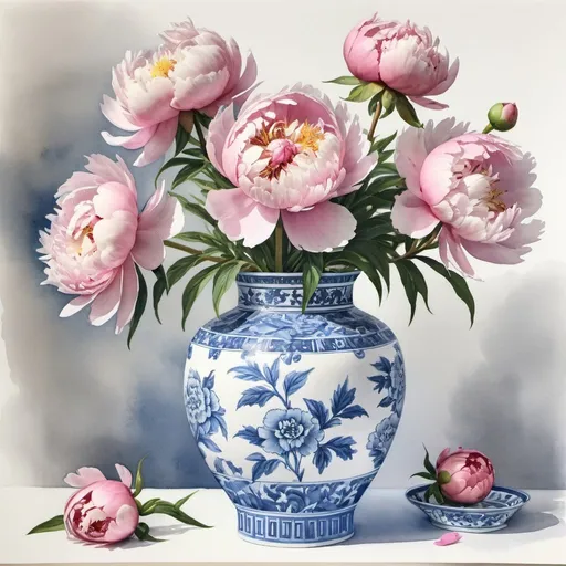 Prompt:  gouache watercolor, photorealistic watercolor of pink peonies in a blue and white chinoiserie vase on white backdrop