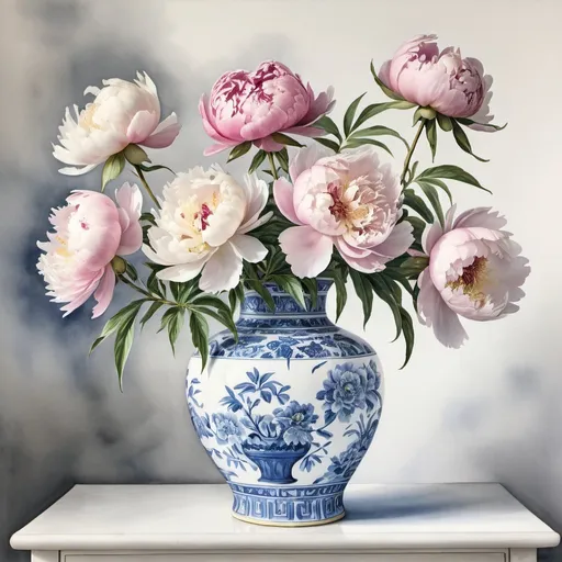 Prompt: photorealistic watercolor of pink peonies in a blue and white chinoiserie vase on white backdrop