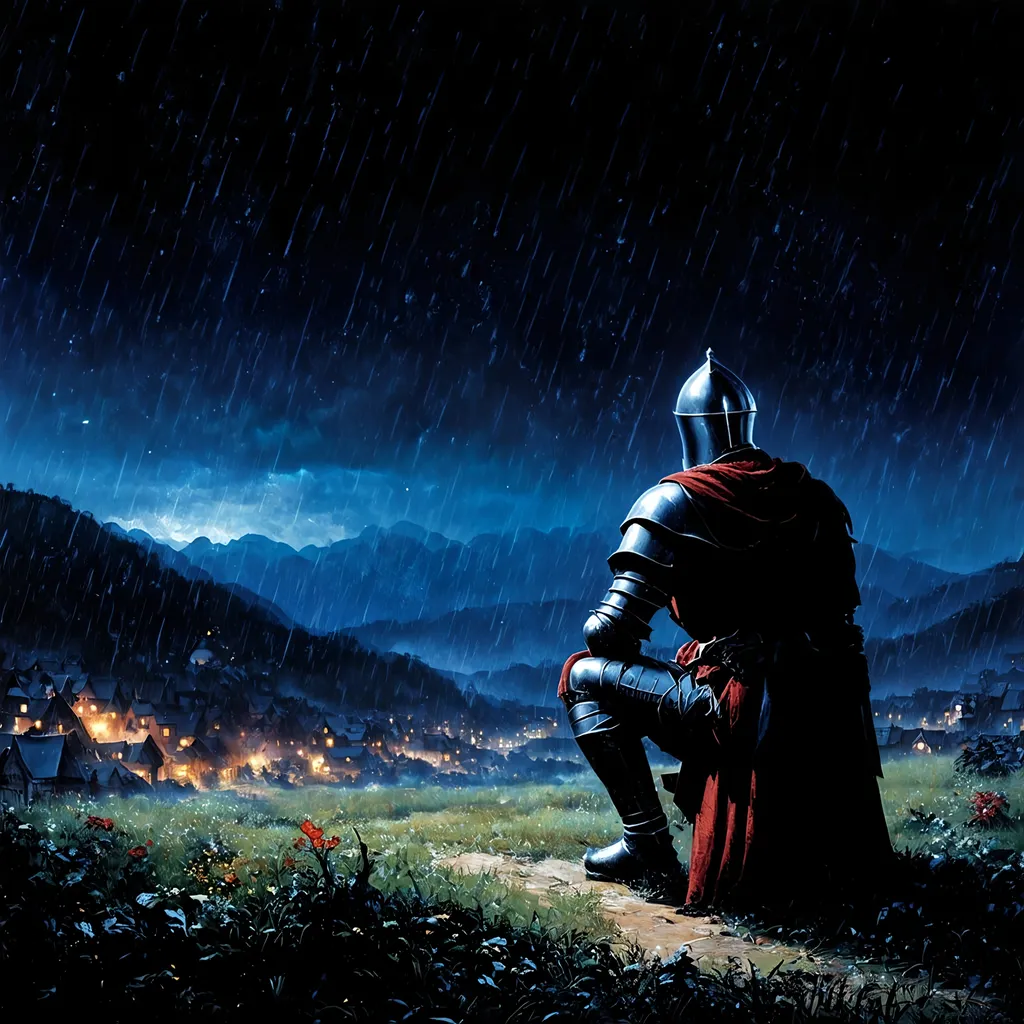 Prompt: Dark fantasy, rainy, night, 80s, detailed, a knight sit on knees and look looking at sky, a battlefield in mountain, village lights faraway