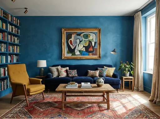 Prompt: eine blaue wand in einem zimmer mit einem gut ausgestatteten interieur

