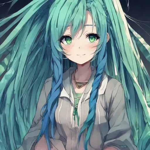 Prompt: Anime girl
Long dreadlocks 
Emerald eyes 
Blue hair
