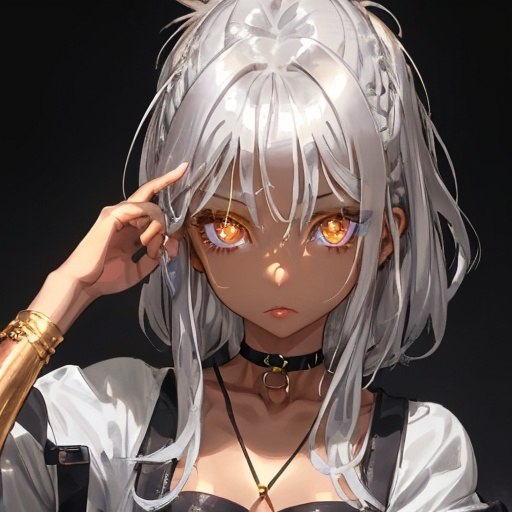 Prompt: Girl
Wild silver hair
Choker
Golden eyes
Brown skin