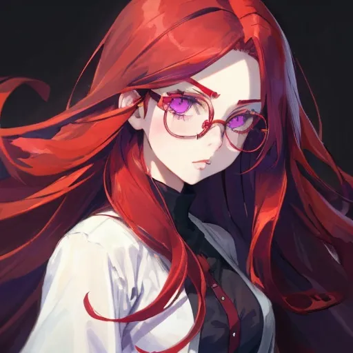 Prompt: Girl with long red hair, violet eyes, understated glasses
