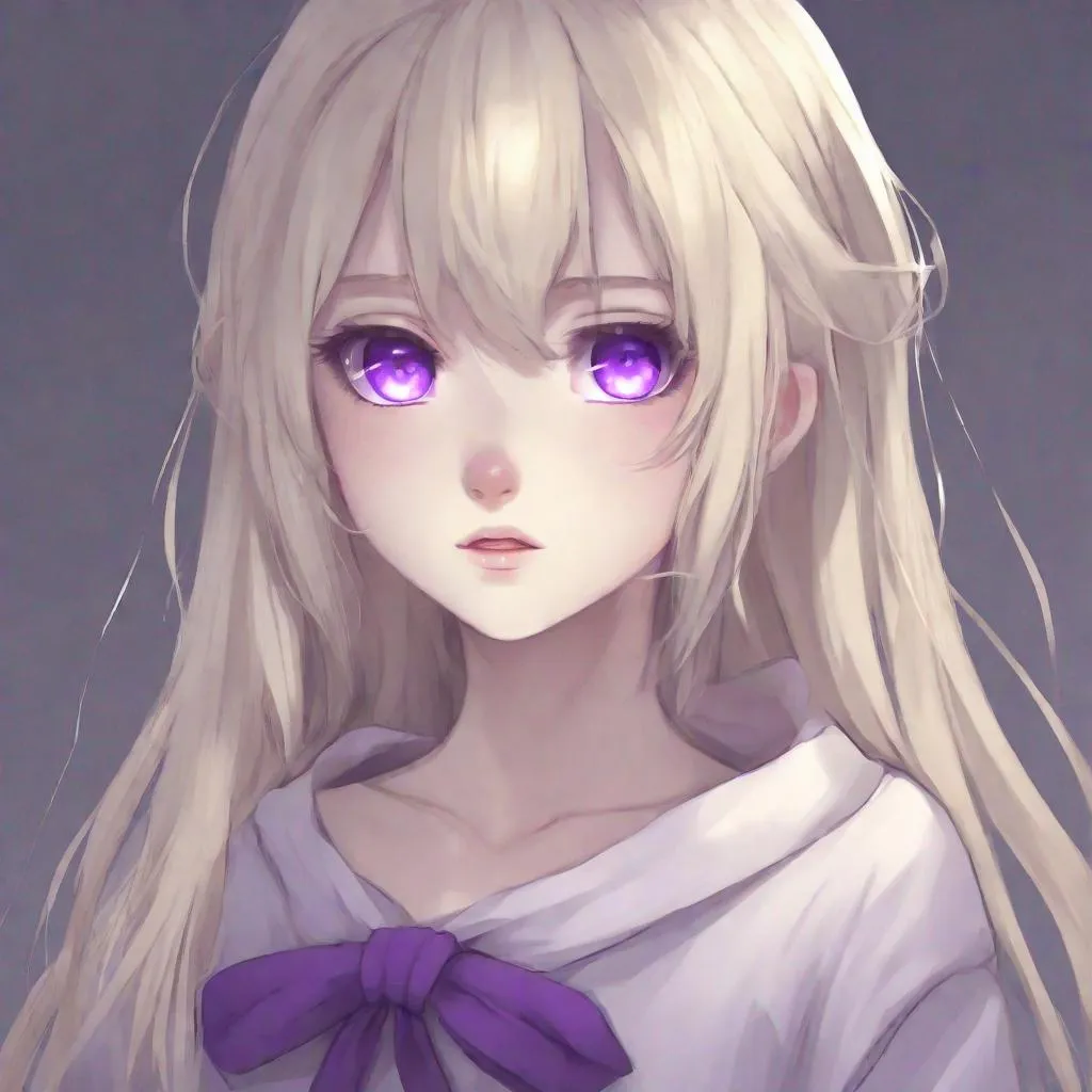 Prompt: Anime girl
Purple grey eyes
Light blonde hair 
Pale skin