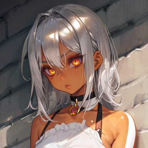 Prompt: Girl
Wild silver hair
Choker
Golden eyes
Tanned skin