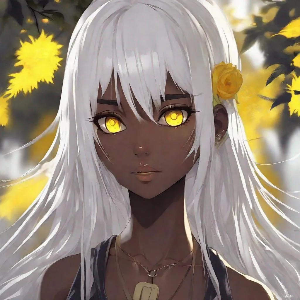 Anime girl Yellow eyes Dark skin White hair