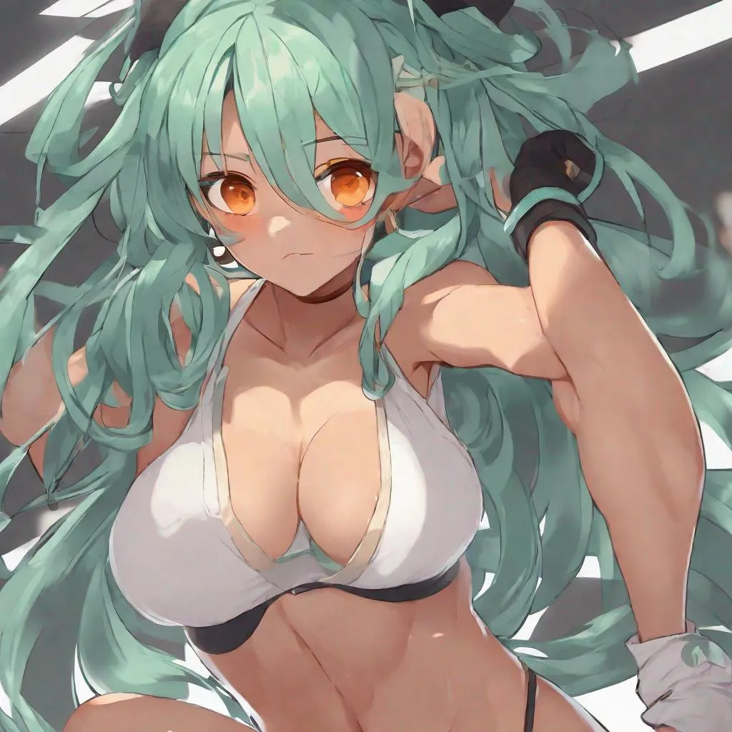 Thicc lithe anime girl Mint green hair Orange eyes... | OpenArt