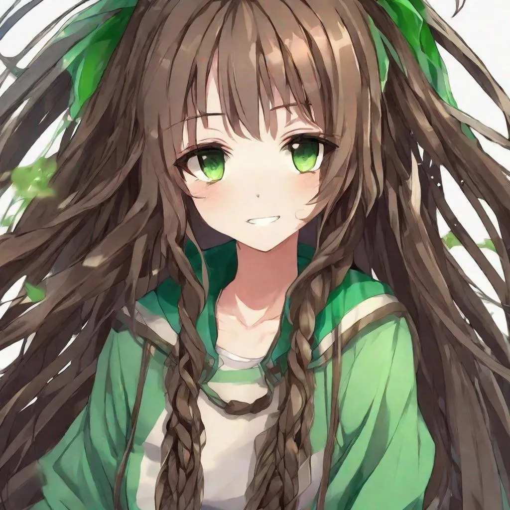 Prompt: Anime girl
Long dreadlocks 
Emerald eyes 
Brown hair

