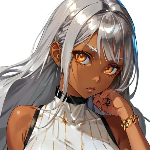 Prompt: Girl
Wild silver hair
Golden eyes
Choker
Brown skin
Buff