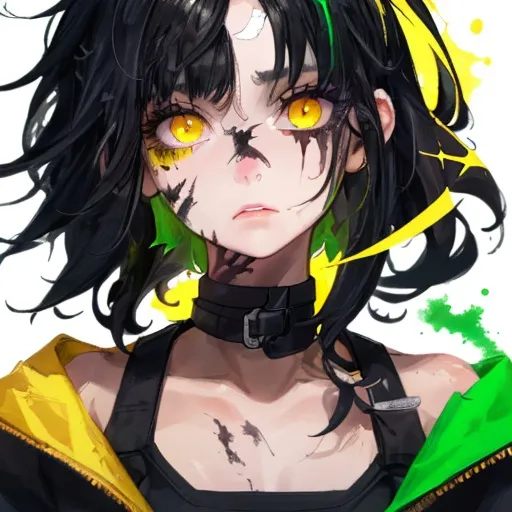 Prompt: Girl with messy black hair, left eye yellow with a scar running down across it, right eye green