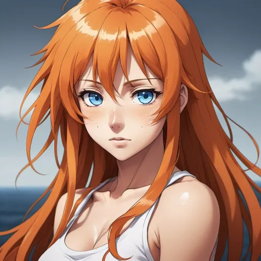 Prompt: Girl
messy long orange hair
Lithe and muscular build 
Blue eyes
Tanned skin 
Anime