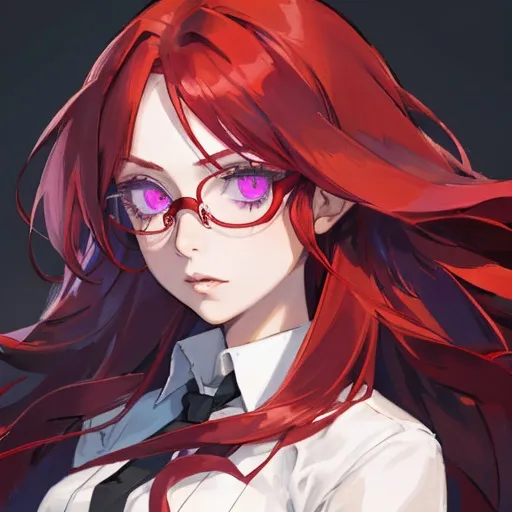 Prompt: Girl with long red hair, violet eyes, understated glasses
