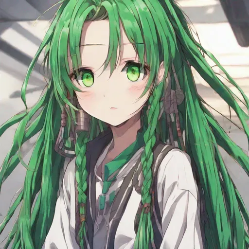 Prompt: Anime girl
Long dreadlocks 
Emerald eyes 
