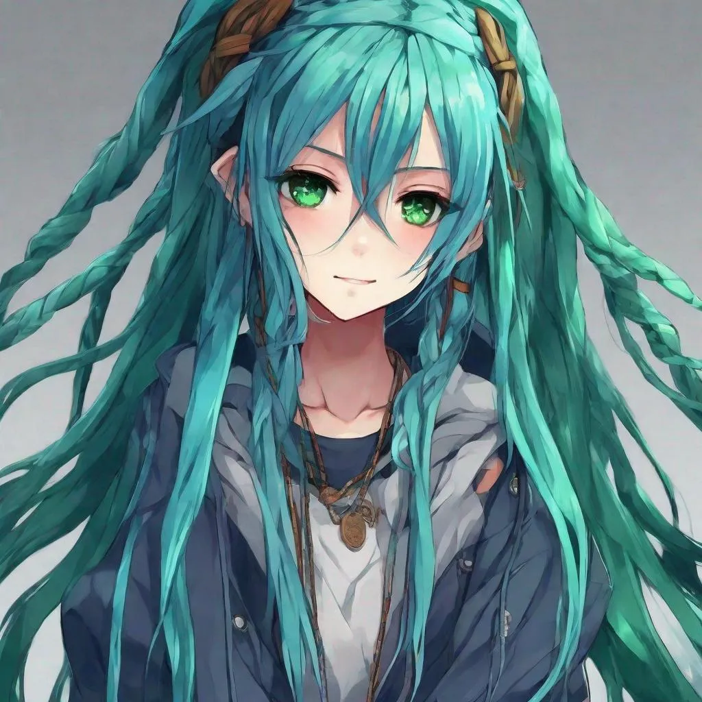 Prompt: Anime girl
Long dreadlocks 
Emerald eyes 
Blue hair
