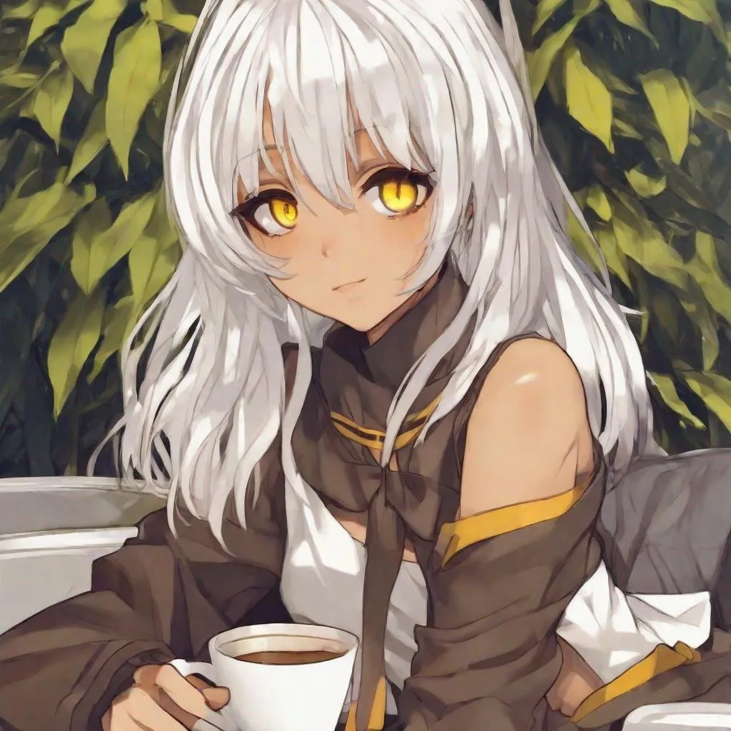 Anime girl Yellow eyes Coffee Brown skin White hair