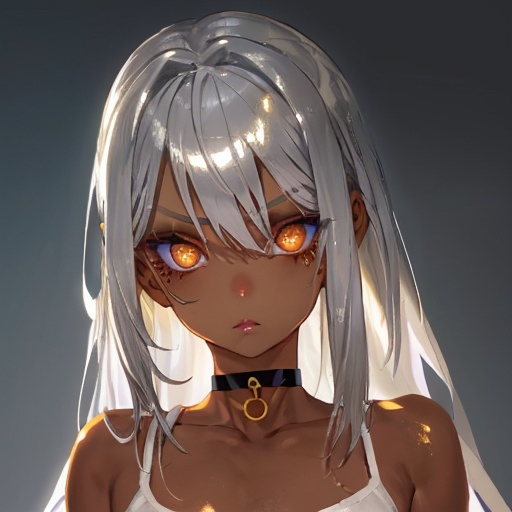 Prompt: Girl
Wild silver hair
Choker
Golden eyes
Tanned skin