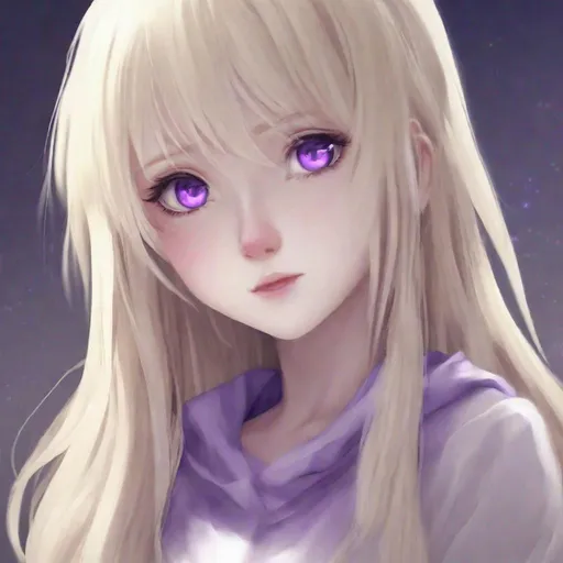 Prompt: Anime girl
Purple grey eyes
Light blonde hair 
Pale skin
