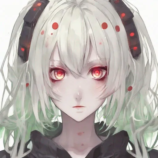 Prompt: Anime girl
Green eyes
Platinum blond hair
2 red dots on forehead
Ghostly white skin