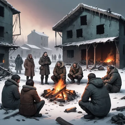 Prompt: a ruined dystopian commune in winter with survivors huddled around a fire. Rugged, dull colour art