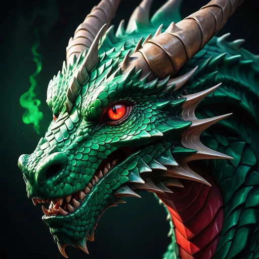 Prompt: "A stylized close-up portrait of a powerful dragon, capturing an intense and captivating expression. The scene is defined by a strong contrast between deep shadows and bright highlights. The dragon’s scales are a vibrant emerald green with darker hues, adding realistic depth and texture. Its fiery red eyes glow with energy, and two large, curved horns extend from its head. The background is a deep, solid black, with abstract red and orange energy bursts creating a dramatic and mystical atmosphere. The style blends detailed realism with fantasy illustration, featuring bold textures, dynamic lighting, and a vivid color scheme. The dramatic effect is further enhanced by subtle glowing reflections on its scales and the intricate details of its facial features. Ultra-detailed, high-definition, cinematic lighting, realistic and artistic rendering. --ar 1:1 --v 6 --q 2"