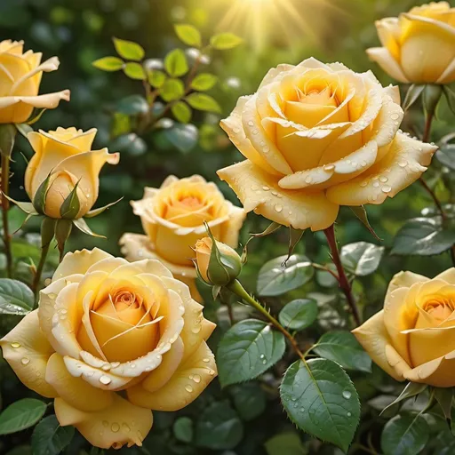 Prompt: create a photo with beautiful yellow roses in a garden
