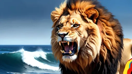 Prompt: A roaring giant lion inside an African map surrounded by oceans, realistic digital painting, detailed lion mane and facial features, high quality, realistic, detailed, African map, ocean surroundings, roaring lion, digital painting, detailed mane, intense gaze, professional, dynamic lighting, realistic colors