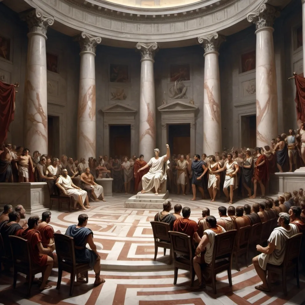 Prompt: An intense scene inside the Roman Senate, where the once orderly and respected chamber has become a chaotic battleground. Senators are depicted in heated debate, some standing and shouting while others sit with stern, concerned expressions. The marble floors are worn, and the grand statues of Roman deities seem to loom ominously over the proceedings. Shadows and flickering torchlight create an atmosphere of tension and division, highlighting the internal conflict and power struggles tearing the Republic apart.