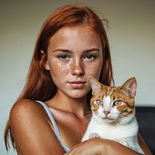 Prompt: a girl with tanned skinned with freckle holding a cat 