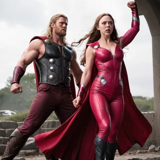 Prompt: Scarlet witch with a muscular thor fighting
