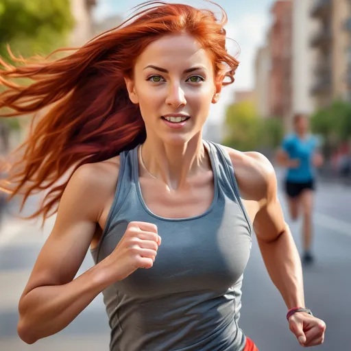 Prompt: athletic woman jogging, (tall and fit), olive skin, (long red hair), (grey eyes), dynamic motion, vibrant colors, sunny outdoor setting, cheerful ambiance, softly blurred city background, ultra-detailed, HD, embodying strength and fitness, wearing comfortable running gear, focused expression, emphasizes athleticism, capturing moment of energy and vitality.