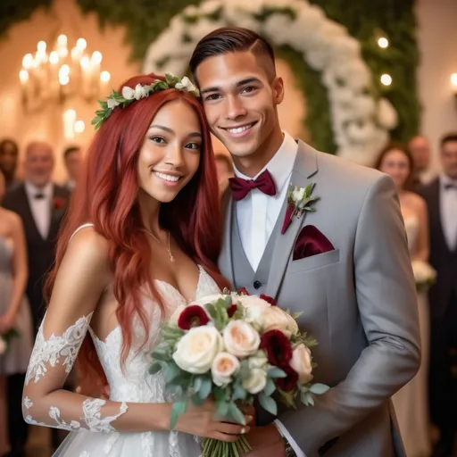 Prompt: (Athletic woman in wedding attire), (long red hair), (grey eyes), (olive skin tone), (6'4" tall), (multiracial), (groom is a handsome shorter man), romantic ambiance, warm lighting, elaborate floral decorations, joyful atmosphere, bridal bouquet in hand, elegantly composed with guests in the background, ultra-detailed, high quality, capturing the essence of love and celebration.