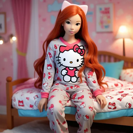 Prompt: Female figure, (tall and athletic, 6'4", 198 lbs), (long red hair), (grey eyes), (light tan skin tone), wearing cute Hello Kitty! pajamas, vibrant colors, cozy ambiance, soft lighting, background features a comfortable bedroom setting with whimsical decor, detail in the outfit texture, ultra-detailed, realistic portrayal, capturing a relaxed and cheerful mood.