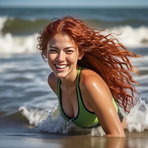 Prompt: Athletic woman enjoying the beach, (multiracial mix of Dutch, Persian, and Japanese), 6'4", 198 lbs, (long flowing red hair), (striking grey eyes), (olive skin tone), vibrant beach atmosphere, warm sunlight glistening on water, cheerful mood, laughing and playing in the waves, ultra-detailed, high-quality sunlight reflections, lively ocean backdrop, beach accessories like sunglasses and sunhat.