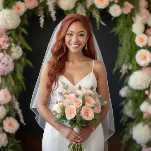 Prompt: Athletic woman in wedding attire, (multiracial) mix of Dutch, Persian, and Japanese, (6'4" tall, 198 lbs), (long red hair, grey eyes, olive skin), radiating happiness, lovingly gazing at her (shorter groom), elegant floral bouquet in hand, romantic ceremony backdrop, lush greenery and soft pastel decorations, light streaming down creating a dreamy atmosphere, (highly detailed and vivid colors), full of love and joy, (4K resolution).