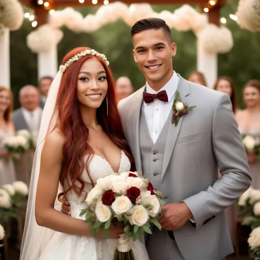 Prompt: (Athletic woman in wedding attire), (long red hair), (grey eyes), (olive skin tone), (6'4" tall), (multiracial), (groom is a handsome shorter man), romantic ambiance, warm lighting, elaborate floral decorations, joyful atmosphere, bridal bouquet in hand, elegantly composed with guests in the background, ultra-detailed, high quality, capturing the essence of love and celebration.