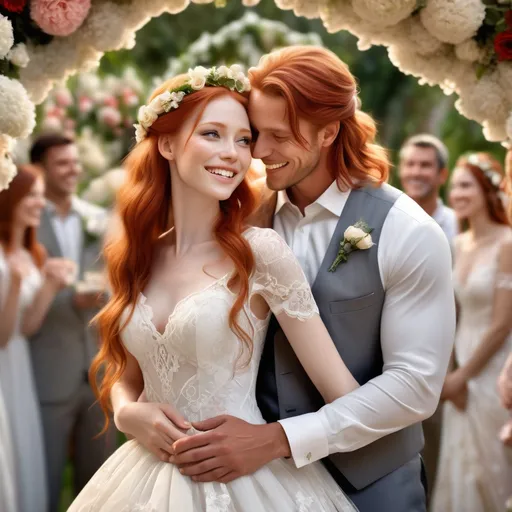 Prompt: (celebratory wedding scene), joyful atmosphere, a tall woman with an athletic build, long flowing red hair, stunning grey eyes, wearing a beautiful wedding dress adorned with lace, flowers in her hair, embracing her partner affectionately, soft lighting enhances the romantic mood, lush garden backdrop with vibrant blooms, surrounded by friends and family, (high detail), emotion-filled expression, (ultra-detailed).