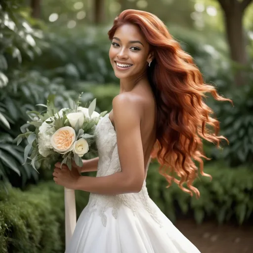 Prompt: (Athletic multiracial woman in wedding attire), beautiful long red hair cascading down her back, (intense grey eyes), olive skin tone, 6'4" tall and 198 lbs, elegant wedding dress flowing around her, joyous atmosphere, embracing a shorter woman, radiant smiles on both faces, outdoor ceremony surrounded by lush greenery, soft natural lighting, high-quality HD, capturing a heartfelt moment of love and commitment.