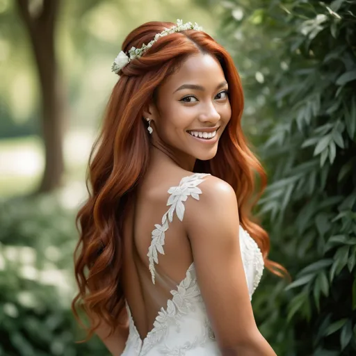 Prompt: (Athletic multiracial woman in wedding attire), beautiful long red hair cascading down her back, (intense grey eyes), olive skin tone, 6'4" tall and 198 lbs, elegant wedding dress flowing around her, joyous atmosphere, embracing a shorter woman, radiant smiles on both faces, outdoor ceremony surrounded by lush greenery, soft natural lighting, high-quality HD, capturing a heartfelt moment of love and commitment.