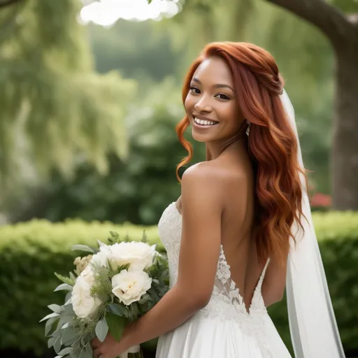 Prompt: (Athletic multiracial woman in wedding attire), beautiful long red hair cascading down her back, (intense grey eyes), olive skin tone, 6'4" tall and 198 lbs, elegant wedding dress flowing around her, joyous atmosphere, embracing a shorter woman, radiant smiles on both faces, outdoor ceremony surrounded by lush greenery, soft natural lighting, high-quality HD, capturing a heartfelt moment of love and commitment.