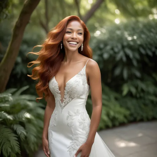 Prompt: (Athletic multiracial woman in wedding attire), beautiful long red hair cascading down her back, (intense grey eyes), olive skin tone, 6'4" tall and 198 lbs, elegant wedding dress flowing around her, joyous atmosphere, embracing a shorter woman, radiant smiles on both faces, outdoor ceremony surrounded by lush greenery, soft natural lighting, high-quality HD, capturing a heartfelt moment of love and commitment.