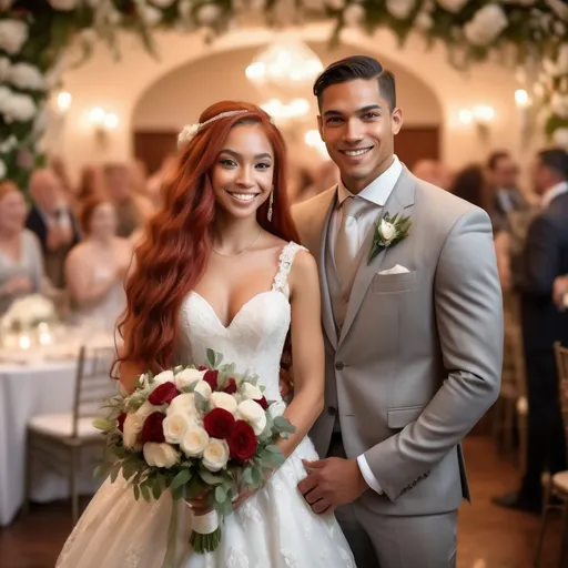 Prompt: (Athletic woman in wedding attire), (long red hair), (grey eyes), (olive skin tone), (6'4" tall), (multiracial), (groom is a handsome shorter man), romantic ambiance, warm lighting, elaborate floral decorations, joyful atmosphere, bridal bouquet in hand, elegantly composed with guests in the background, ultra-detailed, high quality, capturing the essence of love and celebration.