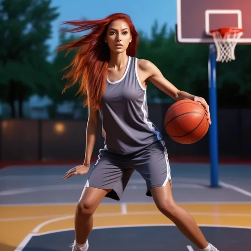 Prompt: (tall athletic woman playing basketball), olive skin tone, long flowing red hair, striking grey eyes, (dynamic pose), intense concentration, sporty attire, vibrant basketball court background, colorful surroundings, high energy scene, outdoor lighting, captivating expressive gestures, (HD, 4K quality).